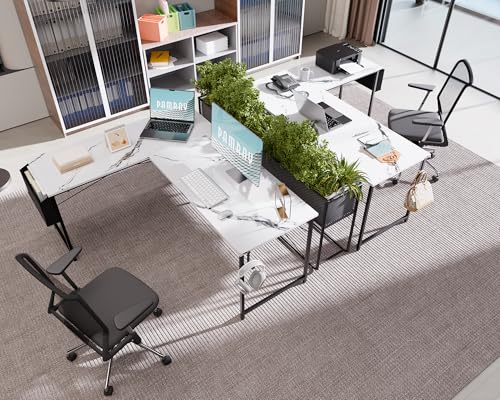 Image of Pamray 64.5 Inch Reversible L Shaped Gaming Desk Large Corner Computer Desk with Storage Bag Home Office Table for Writing Study Marble