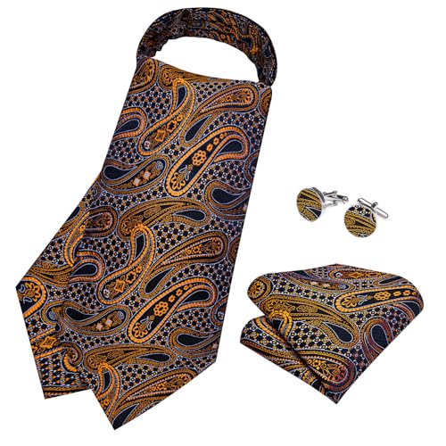 Image of DiBanGu Mens Silk Ascot Ties Paisley Jacquard Woven Cravat and Pocket Square Cufflinks with Lapel Pin for Business Wedding