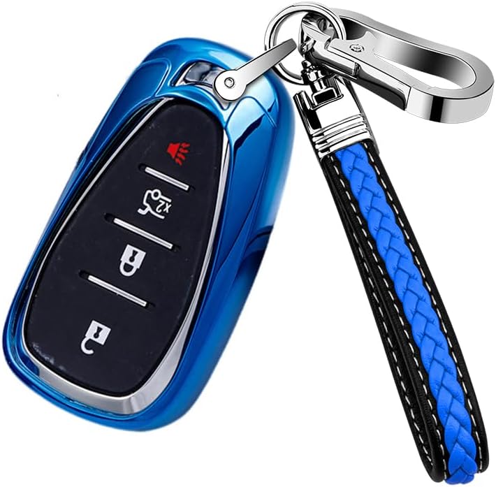Funda para llavero de TPU suave con llavero de cuero para Equinox Malibu Cruze Camaro Tahoe Silverado Traverse Blazer Sonic Accesorios, Azul