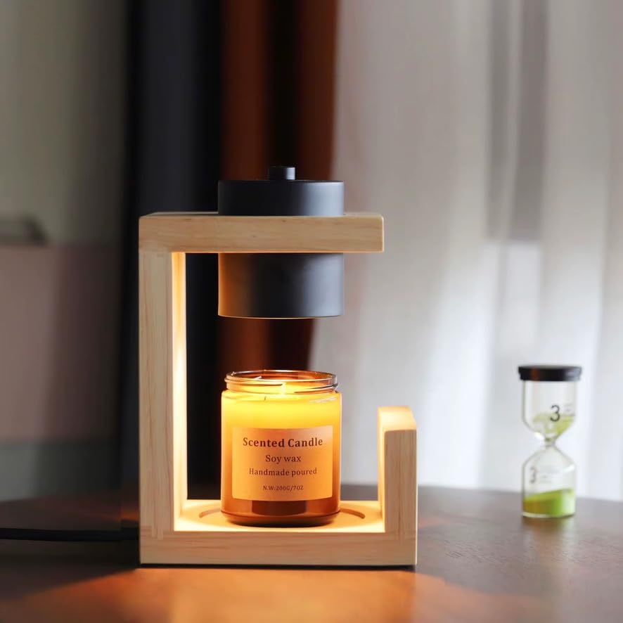 Lampe Chauffe-Bougie, Bois Naturel et Noir, avec Variateur d'Intensité et minuteur, Design Moderne pour Intérieur, Diffuseur de Parfum Sans Flamme