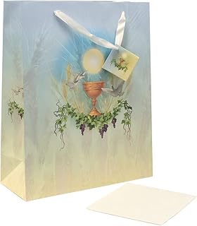 First Holy Communion Gift Bag | Includes Tissue Paper and Tag | Beautiful Religious Design | Designed in Italy | Features Catholic Chalice, Grapes, and Wheat (Large)