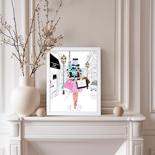 Image of Poster Master Fashion Poster - Lady with Shopping Bags Print - Trendy Art - Modern Art - Gift for Her & Fashionista - Luxury Haute Couture Decor for Bedroom or Girl's Room, 11x14 White Framed