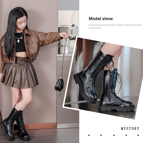 Girls' Boots,Girls Lace Up Riding Boots Mid Calf Combat Boot, Fashion Waterproof Pu Leather Side Zipper Punk Goth Boot4