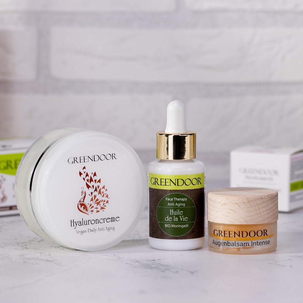 GREENDOOR Naturkosmetik Anti Aging Sparset, Hyaluron-Creme + Augenbalsam intense + Bio Moringaöl, spendet natürliche Feuchtigkeit, hilft Falten vorzubeugen