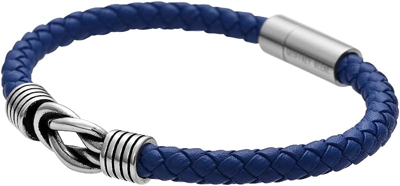 Geoffrey Beene Men's Braided Genuine Leather Knot Bracelet with Stainless Steel Closure