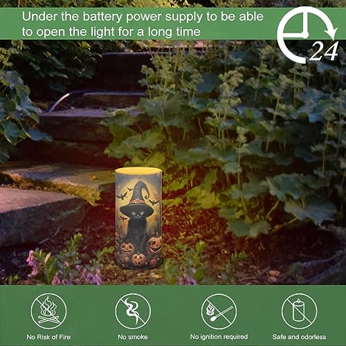 Image of Flickering Flameless LED Battery Powered Pillar Candles Tealight with 18-Key Timer Remote with Colorful Light Safe for Indoor Outdoor Halloween Party Decorations, Black Cat Withch Pumpkin