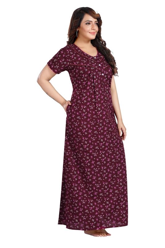 Image of CLOUD SOFT Women's Cotton Printed Pleated Full-Length Nighty with Pocket | Soft Comfortable Night Dress, Sleepwear & Homewear (CS7001)