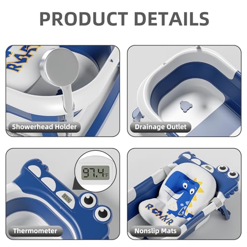 Image of Collapsible Baby Bathtub for Newborn, Foldable Baby Bath Tub with Thermometer & Soft Floating Cushion & Drain Hole, Portable Travel Infant Bath Tubs for Newborns to Toddlers 0-36 Months Boy,NavyBlue