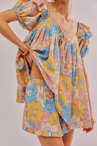 Image of ROAONOCOMO Women Floral Pajama Set Ruffle Puff Sleeve Peplum Shirt Coquette Pj Set Bow Babydoll 2 Piece Shorts Outfit
