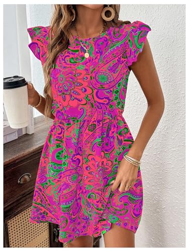 Image of SOLY HUX Women's Boho Print Tie Back Mini Dress Ruffle Cap Sleeve Crew Neck Vacation Dresses