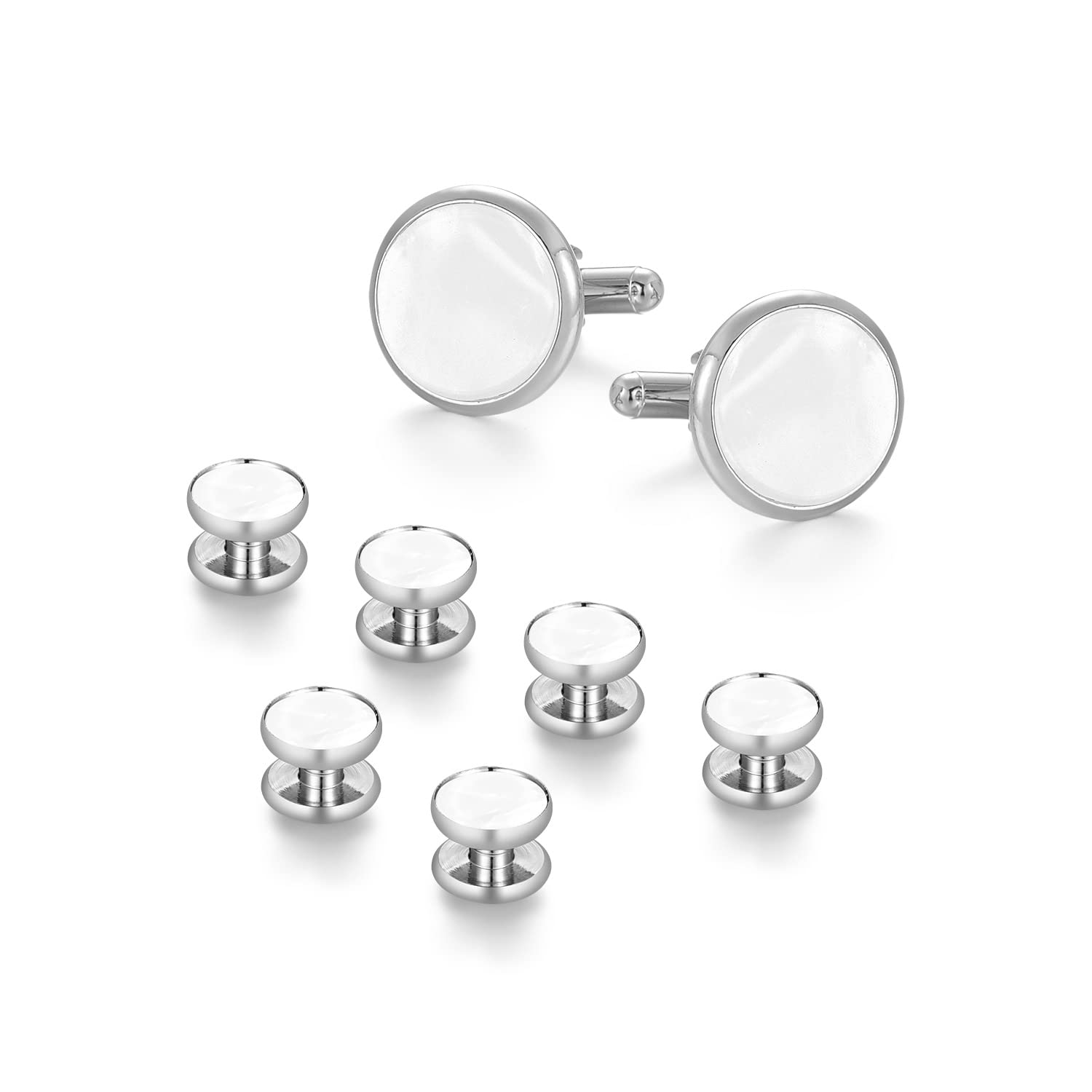 wynameleri Mens Classic Shirts Cufflink Studs, Mother-of-Pearl Tuxedo Shirt Button and Cuff Links Set, Formal Business Wedding Jewelry