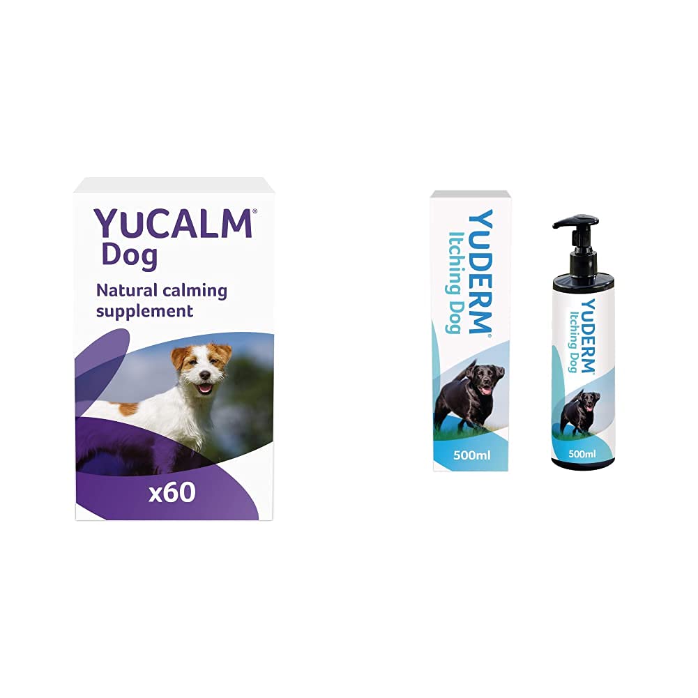 LintbellsYuCALM Dog | Calming Supplement for Dogs who are Stressed |60 Tablets & YuDERM Itching Dog Formerly YuMEGA | Itchy or Sensitive Skin Supplement for Dogs Prone to Scratching | 500 ml Bottle