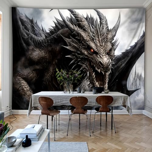 Arsey Wandteppich Drachen mit Feurigen Augen, Fantasy Gothic Tier Wandteppiche Aesthetic Spirituell Tapestry Wandtuch für Schlafzimmer Wohnzimmer BüRo Party, Grau-Schwarz 230x180cm