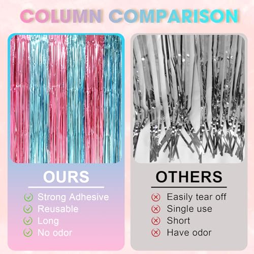 Image of Voircoloria 2 Pack Blue and Pink Foil Fringe Backdrop Curtains, Tinsel Streamers Mermaid Party Decorations, Fringe Backdrop for Mermaid Birthday, Baby Shower, Gender Reveal, Disco, Graduation Party