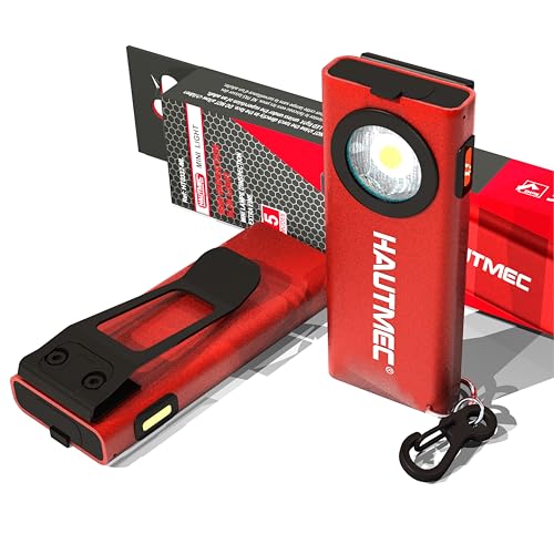 HAUTMEC Mini Led EDC Flashlight Rechargeable 5 Modes Slim Magnetic Flashlight Base & Clip Type-C Charging Portable Keychain Flat Pocket Flashlight for Outdoor, Car Repairing, Garage,Camping HT0332
