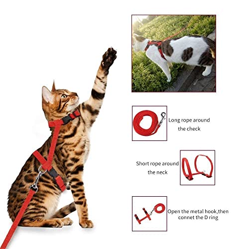 Image of Cat & Small Pet Nylon Strap Collar with Adjustable Walking Harness Leash Pet Walking for Kitten- Plain (RED)