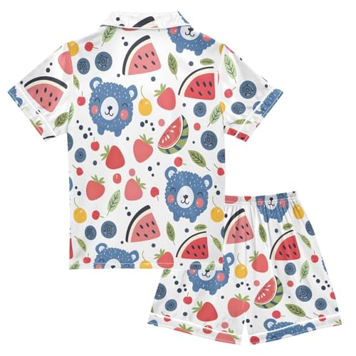ALAZA Bear Strawberry Leaf Fruit Satin Pajamas Set Short Sleeve Button Down Sleepwear Summer Pjs 2 Piece2