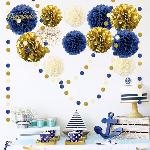 image for NICROLANDEE 15 PCS Navy Blue Gold Tissue Paper Pom Poms for Men Birthd