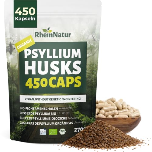 RheinNatur Bio Flohsamenschalen Kapseln - 450 Stk hochdosiert (3.000 mg je Portion) - Hergestellt in DE - Psyllium Husk Ballaststoffe… – Ansicht 1