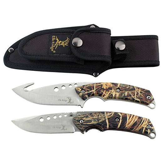 Elk Ridge - Outdoors Hunting Knife Set- 2 PC Fixed Blade and Folding Knife Set, Satin Finished Stainless Steel Blades, Camo Coated Handles, Includes Combo Nylon Sheath - Hunting, Camping, Survival - ER-054CA