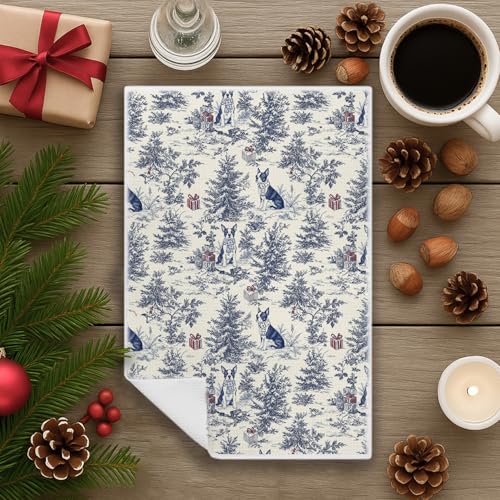 Image of Blue Boston Terrier Christmas Kitchen Towels, Vintage Dog Lover Gifts Dish Tea Towels for Kitchen, French Chinoiserie Holiday Decorative Hand Towel for Bathroom, 16x24 Inch