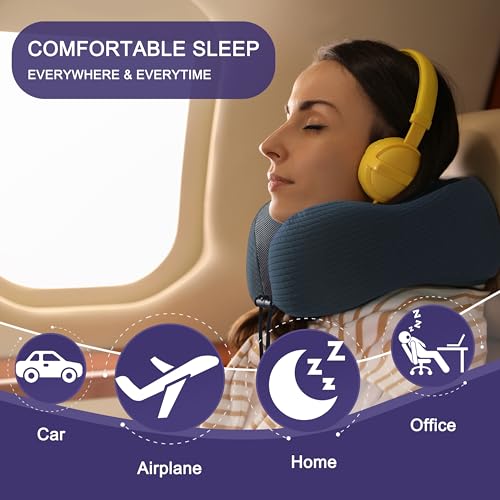 Image of napfun Neck Pillow for Traveling, Upgraded Travel Neck Pillow for Airplane 100% Pure Memory Foam Travel Pillow for Flight Headrest Sleep, Portable Plane Accessories, Deep Blue