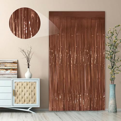 Image of Brown Fringe Curtain Party Streamers 2Pack 3.3 x 8.3 Ft Foil Fringe Backdrop Curtains for Birthday Wedding Bridal Holiday Tinsel Streamers Green Party Decorations Door Streamer