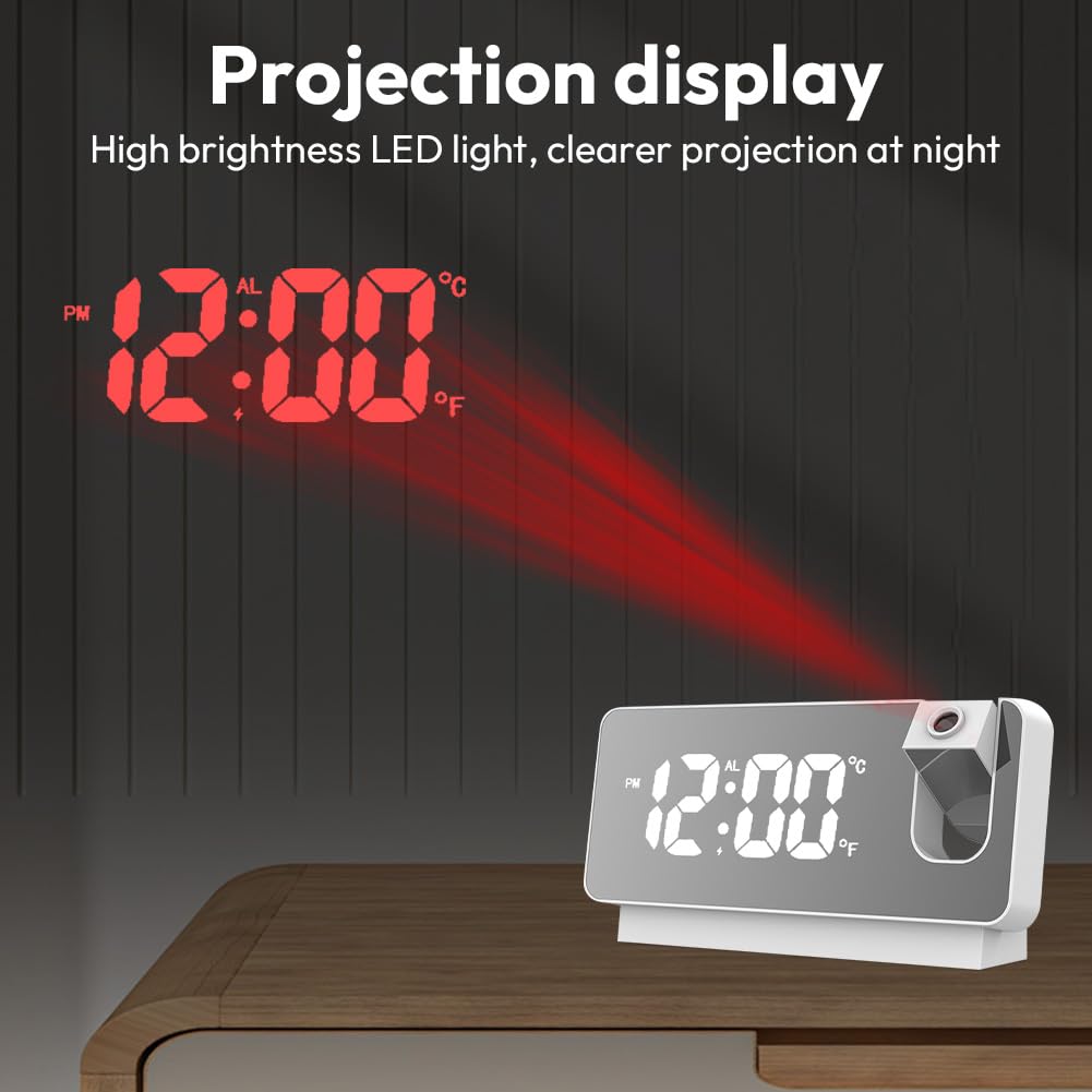 Sveglia digitale con proiezione, orologio digitale a LED, con data, temperatura, comodino, camera da letto, schermo extra grande, senza radiazioni, orologio digitale (bianco)