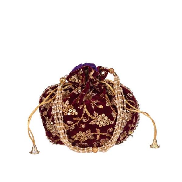 UNIQUE PRODUCT Stylish Zari Velvet Potli Golden Embroidery Potli Bag Purse Pearl Handle Tassel Women’s Handbag