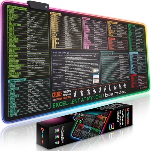 Image of Excel Cheat Sheet LED Desk Pad | Excel Shortcut Keys Mouse Pad - Colorful RGB Luminous Extended Large Gaming Mousepad| PC Office Spreadsheet Keyboard Mat| Non-Slip Stitched Edge Desk Mat