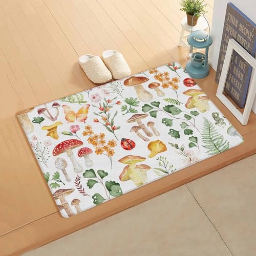 Botanical Mushroom Antifatigue Kitchen Bath Door Mat Cushioned Runner Rug,Washable Welcome Floor Sink Mat,Waterproof & Non-Slip Standing Doormat for Kitchen,Spring Wildflower Leaves Watercolor 18