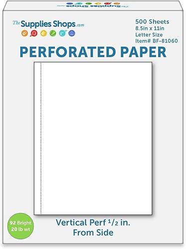 Papel perforado, perforación de 1/2 pulgada a lo largo del lado de 11 pulgadas, vertical sobre blanco papel de copia tamaño carta 20# (resma de 500)