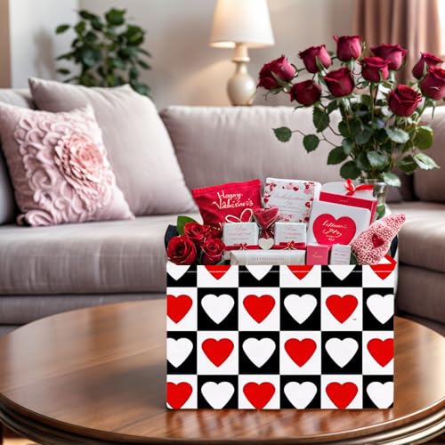 Image of Cute Large Valentine's Day Gift Basket Empty Heart Decor Storage Bin for Kid Baby Room Decor (Checkered Red and White)