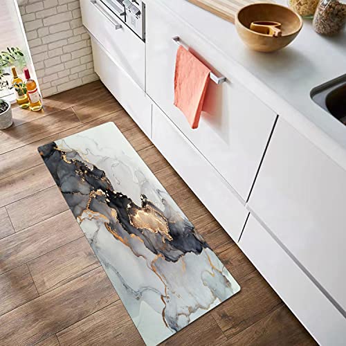 Brillistar Kitchen Mat 2 Pcs Kitchen Rugs And Mats Marble Black And Gold Silver Cushioned Anti-Fatigue Kitchen Rugs 17.3"X47.3"+17.3"X29.5" Kitchen Decor Non-Slip Kitchen Rug Set For Kitchen Floor #TOP4