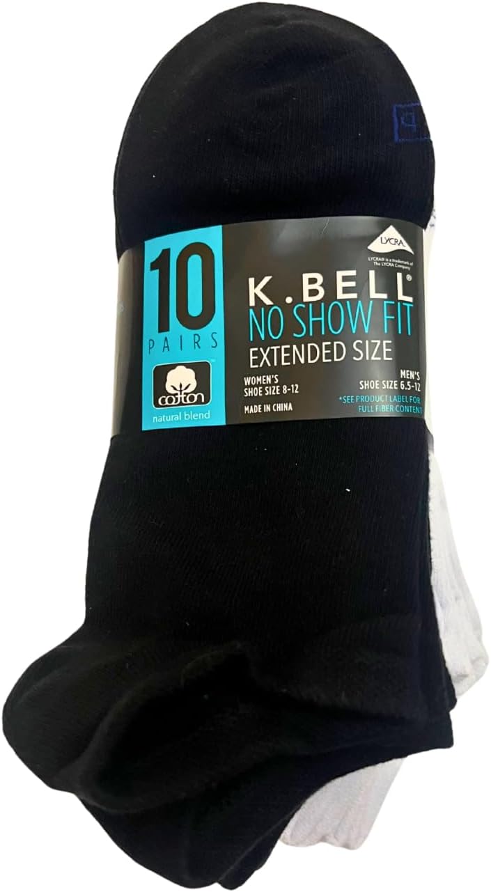 KBell Ladies' No Show Sock, 10-pair, Black/White, Size- 8-12