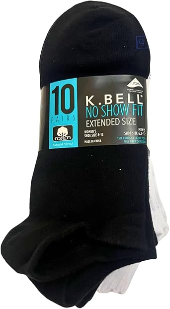 KBell Ladies No Show Sock, 10-pair, Black/White, Size- 8-12