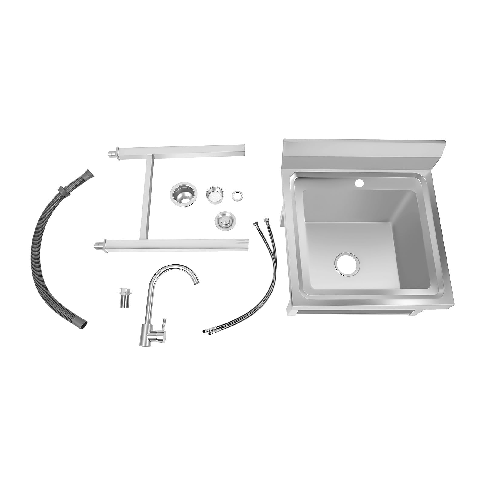 Fregadero de acero inoxidable de cocina, 1 bandeja profesional, 60 x 60 x 93 cm, inmersión de acero inoxidable independiente con grifo 360°, patas ajustables y respaldo, fregadero exterior interior