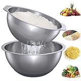 304 Stainless Steel Colander and Strainer, 5QT Large Capacity and 6QT Mixing Bowl, Micropore for Washing Rice, Fruit, and Cooked Pasta, Perfect Draining for Grain and Bean