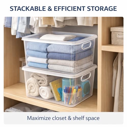 Image of Plastic Storage Box with Lid - Large Stackable Organizer Storage Box for Clothes, Toys, Kitchen - Big Size Plastic Storage Container Basket for Home, Office, Bathroom(Large,1pc,Transparent)