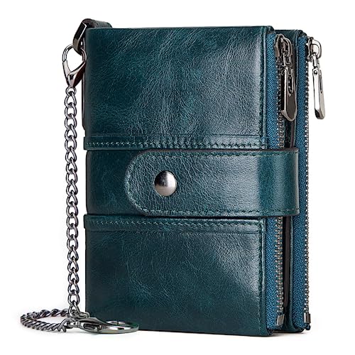 TEUEN Portafoglio da donna con blocco RFID, in vera pelle, con catena, multi scomparto per donne, con doppia cerniera, piccoli portafogli da donna con tasca per monete, 16 porta carte, Blu, petit,