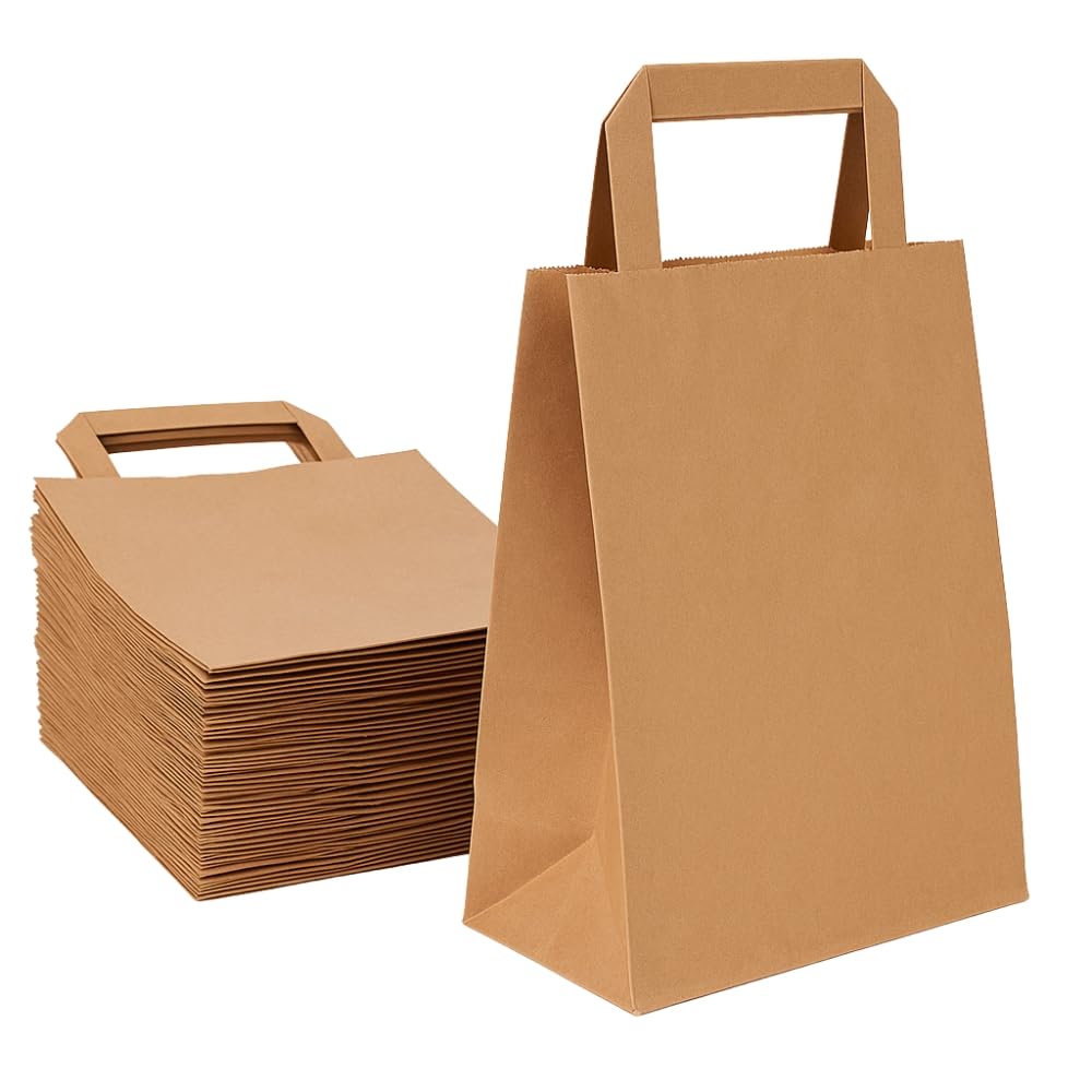 Commerline Sacchetti di Carta Kraft Marrone, 18+8x22 cm, 250 Pezzi – Sacchetti Regalo, con Manico, Riutilizzabili, Ideali per Festa e Borsa per la Spesa