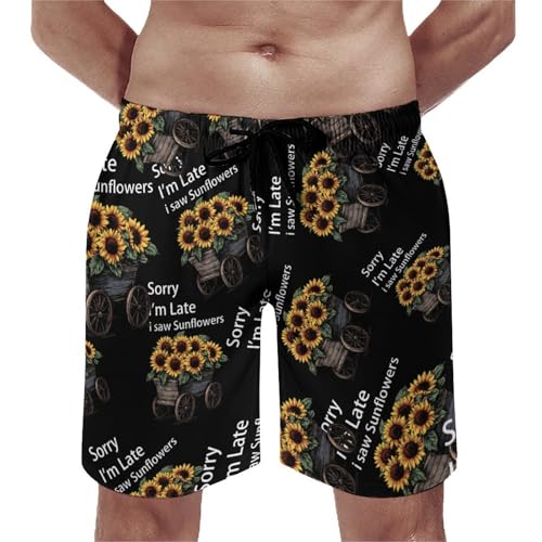 Sorry I'm Late I Saw Sunflowers Men's Swim Trunks Quick Dry Board Shorts Hawaiian Beach Shorts With Pocket