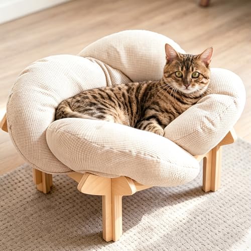 PACHIRA Elevated Cat Bed Wooden Cat Couch Fluffy Cat Sofa Flower for Indoor Cats Raised Cat Bed with Washable Fluffy Cushion and Birch Wood Cat Chair for Kitty and Puppy Cat Furniture (White)