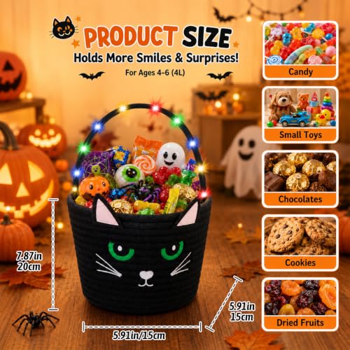 OIAHOMY Halloween Pumpkin Basket with LED Lights - Light Up Trick or Treat Bags for Toddlers & Kids, Soft Woven Cotton Rope Candy Bucket, Cute Reusable Boo Gift Basket for Holiday Party Decor Black - image 2