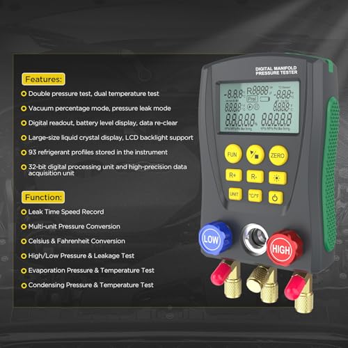 PLAYOCCAR Digitaler HVAC-Manometer-Satz, Klimaanlagen-Manometer-Satz, Kältemaßzähler für R410a und R22, 2 Temperatur-Klemmsonde