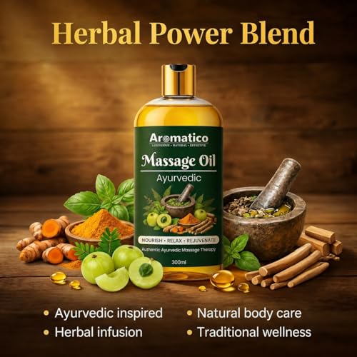 Image of AROMATICO Ayurvedic Massage Oil - Herbal Massage Oil with Traditional Ayurvedic Herbs, Almond & Sesame for Muscle Relaxing, Stress Relief & Daily Abhyanga | 300ml