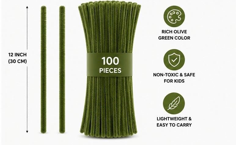 Image of TRAIS-100 PCS Pipe Cleaners, Chenille Stems for Crafts, Fuzzy Craft Pipe Cleaners, Soft Flexible Bendable Sticks for DIY Art Supplies, Kids Crafts, School Projects (OLIVE GREEN)