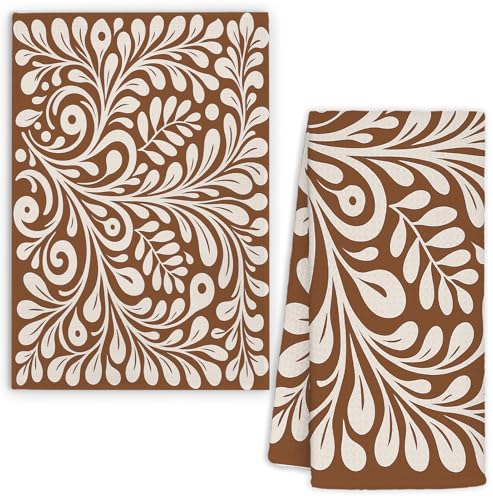 KRHFG Mexican Kitchen Towels Decor, Groovy Retro Brown and Beige Flower Botanical Art Nouveau Hand Dish Towels Drying Cloth for Kitchen Bathroom Decor, 16x24 Inch Set of 1