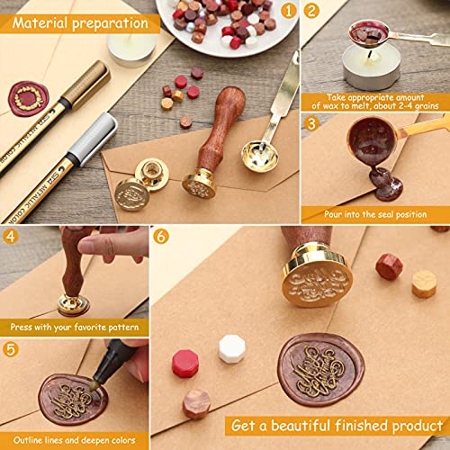 Christmas Wax Seal Stamp Set 8 Pieces Seal Wax Stamps with Wooden Handle, Melting Spoon, 2 Pieces Metallic Pen for Vintage Wax Seal Stamp Decoration (Classic Style)