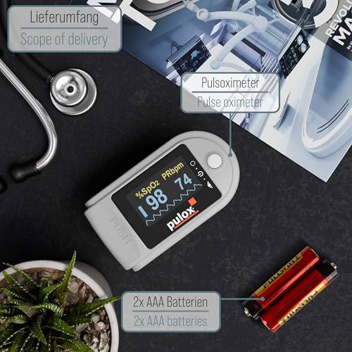 Pulsoximeter Pulox PO-200 Solo in Grau - Messung von Sauerstoffsättigung (SpO₂), Herzfrequenz (Puls) und Perfusions Index (PI)